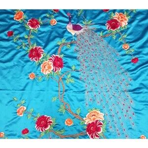 VTG Asian Oriental Blue Satin Peacock Bird Embroidered Bedspread / Wall Hanging